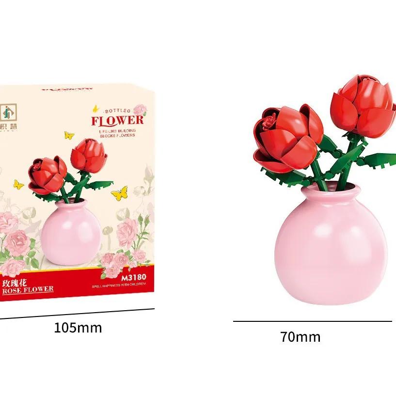 Building Block Pot Plant Bouquet of Flowers, Roses, Lily Building Blocks, Toys with Flower Pots, Cute Living Room Ornaments Gift