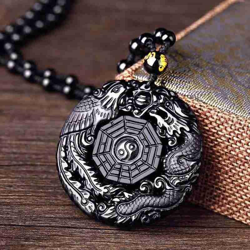 Natural Obsidian Dragon Phoenix pendant mascot