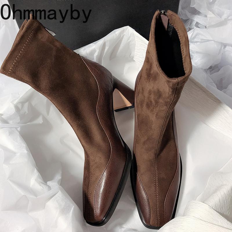 Autumn Vintage Thick Heel Women Ankle Boots Fashion Back Zippers Shoes Ladies Elegant Stretch Slim Short Booties