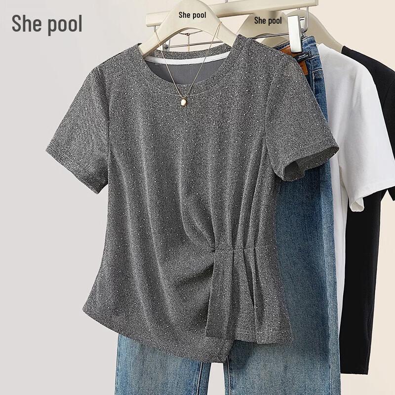 Shechi Women s Sparkling Rhinestone Irregular Hem T-Shirt M