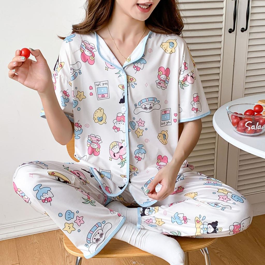 Pajamas Female Cute Cartoon Cardigan Cotton Short-Sleeved Trousers Soft And Skin-Friendly Summer Loungewear Two-Piece Set