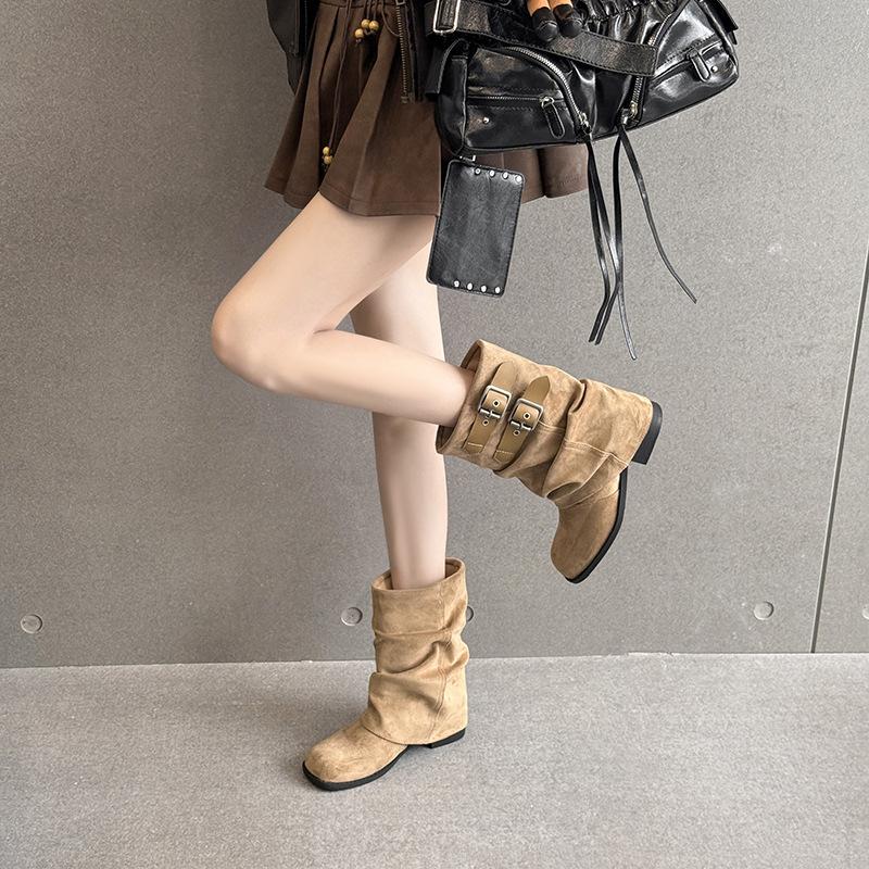 2025 New Pleated Stacking Boots Thick Heel Belt Buckle Loose Large Tube Circumference Women's Boots Summer Popular Super Fire Trouser Tube Boots