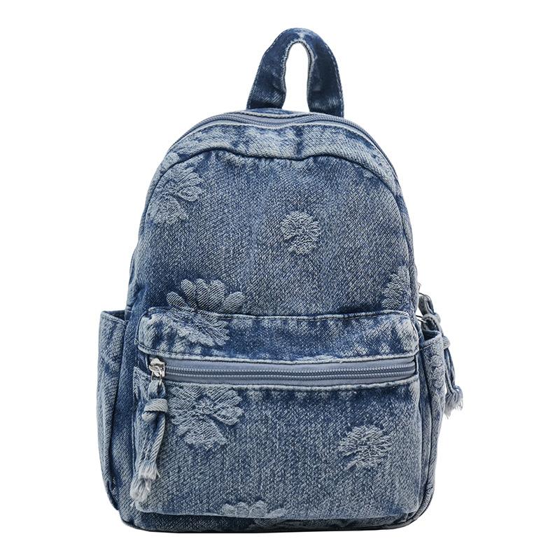 Рюкзак с ромашками большой вместимости Легкий джинсовый рюкзак в стиле ретро синий