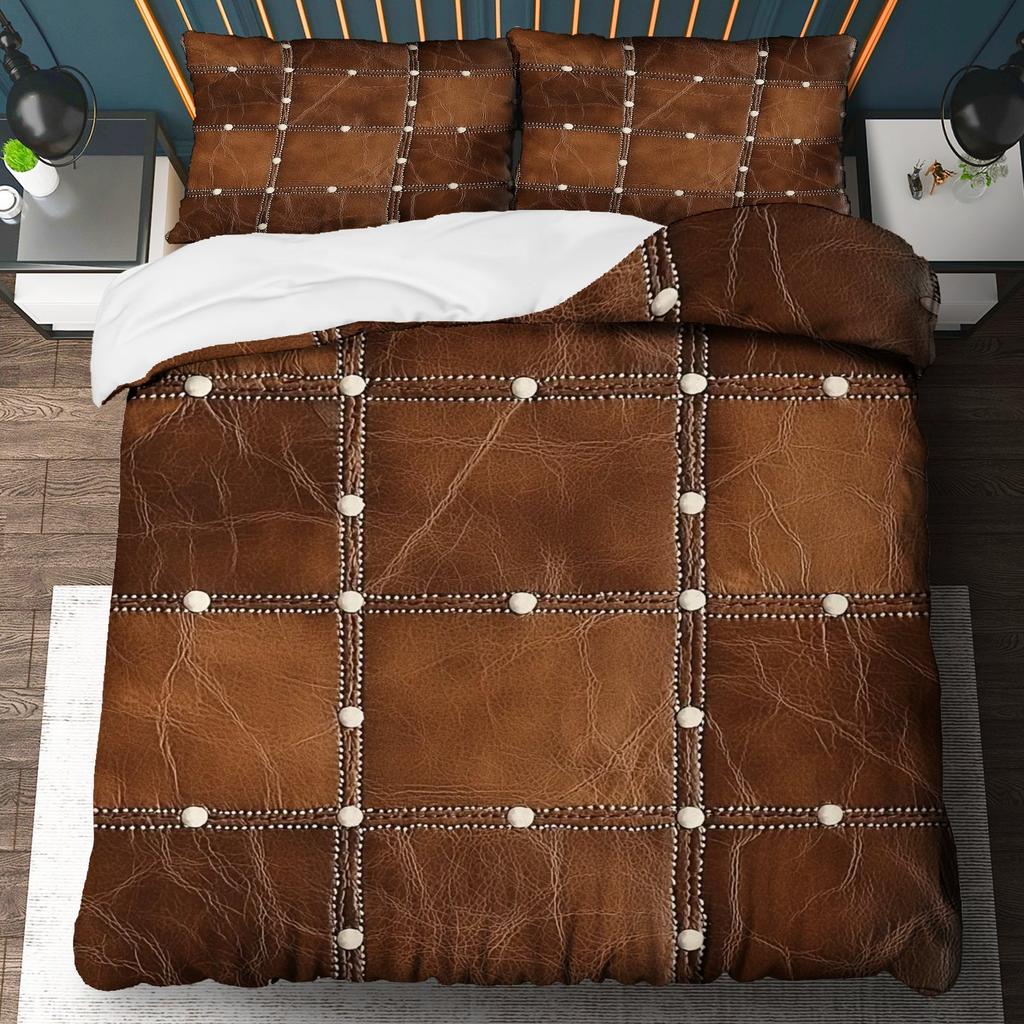 3Pcs Vintage Leather Studded Duvet Cover Set,Brown Textured Rustic Chic Bedding With Pillowcases,Luxury Thanksgiving Decor