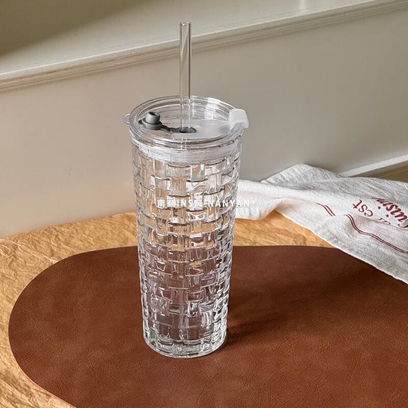 Youluo Transparent Borosilicate Glass Cup with Lid & Straw