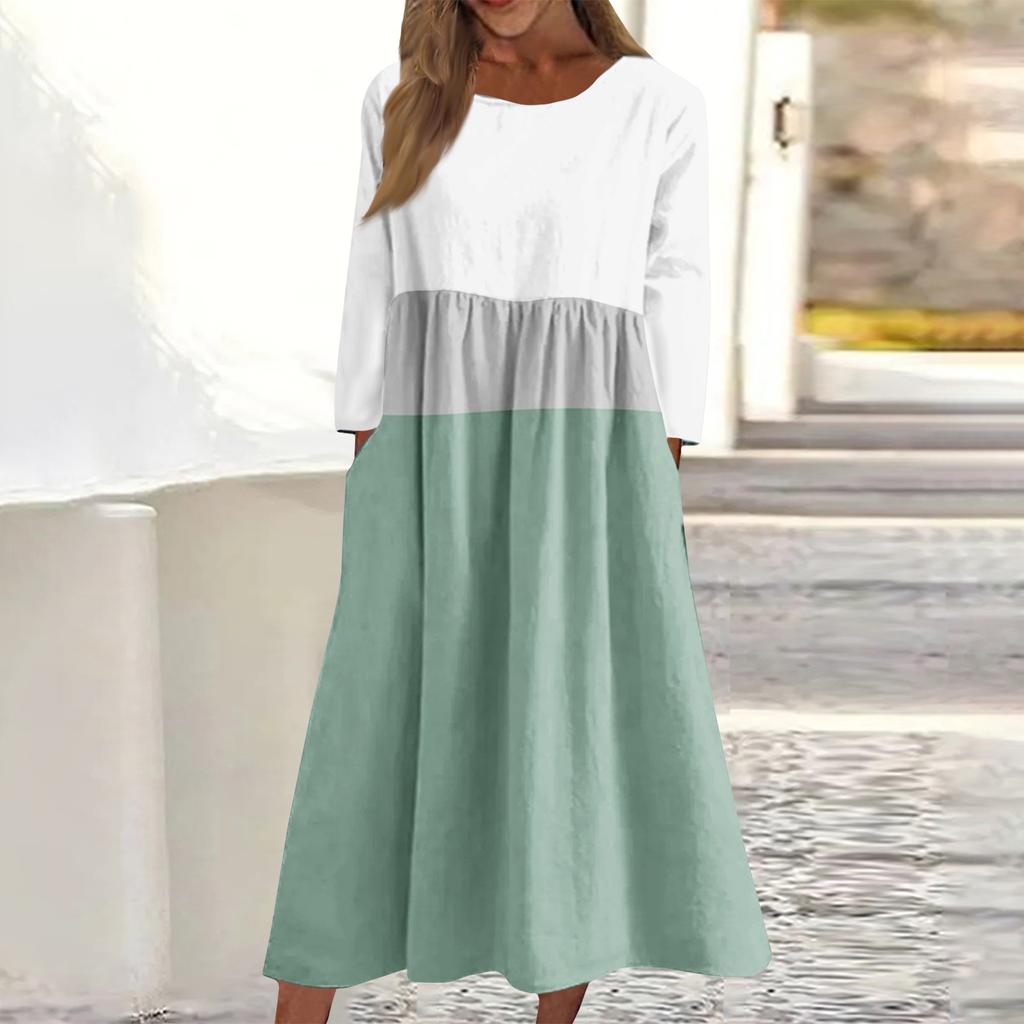 Dámské ležérní midi šaty s kulatým výstřihem a pruhovaným potiskem, s dlouhým rukávem a kapsou