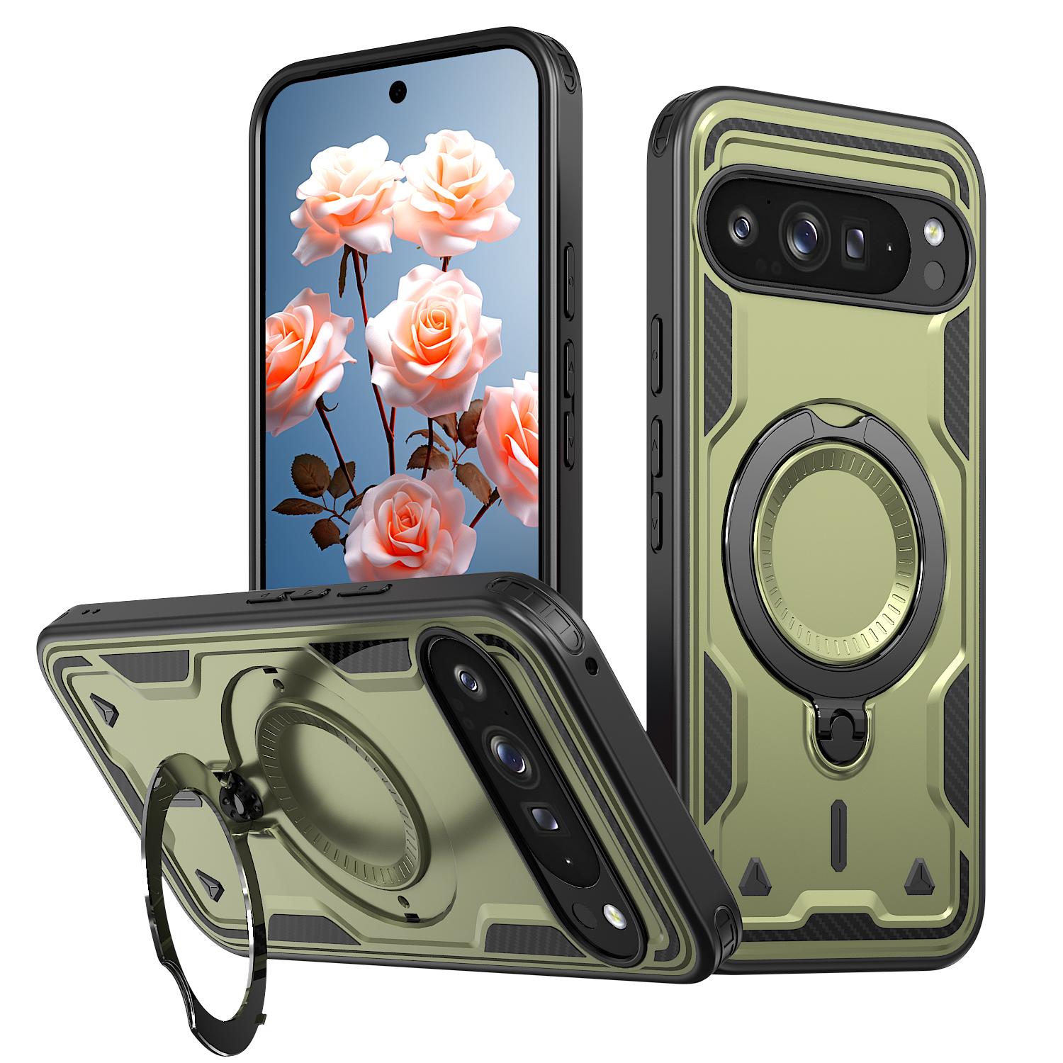

For Google Pixel 9 Pro XL Magnetic Case Military Protection PC+TPU Kickstand Phone Cover A
