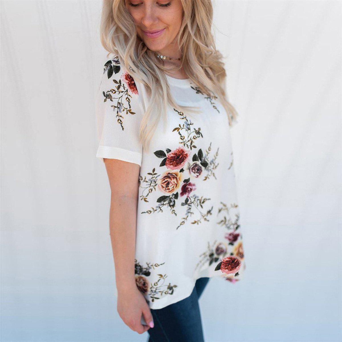 

Casual Women s Plus Size Chiffon Printed Round Neck Short Sleeve Loose Pullover Top 2XL белый