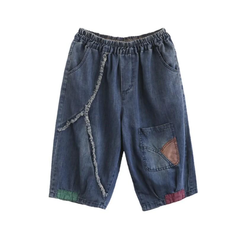 

Женские летние литературные винтажные джинсы в стиле пэчворк с необработанными краями, индивидуальный дизайн, многокарманные брюки с пятью штанами XS