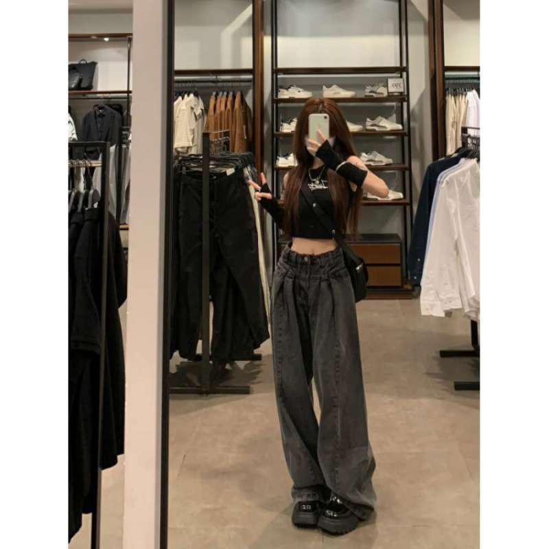 Women s High-Waisted Black and Gray Pleated Wide-Leg Floor-Length Jeans S