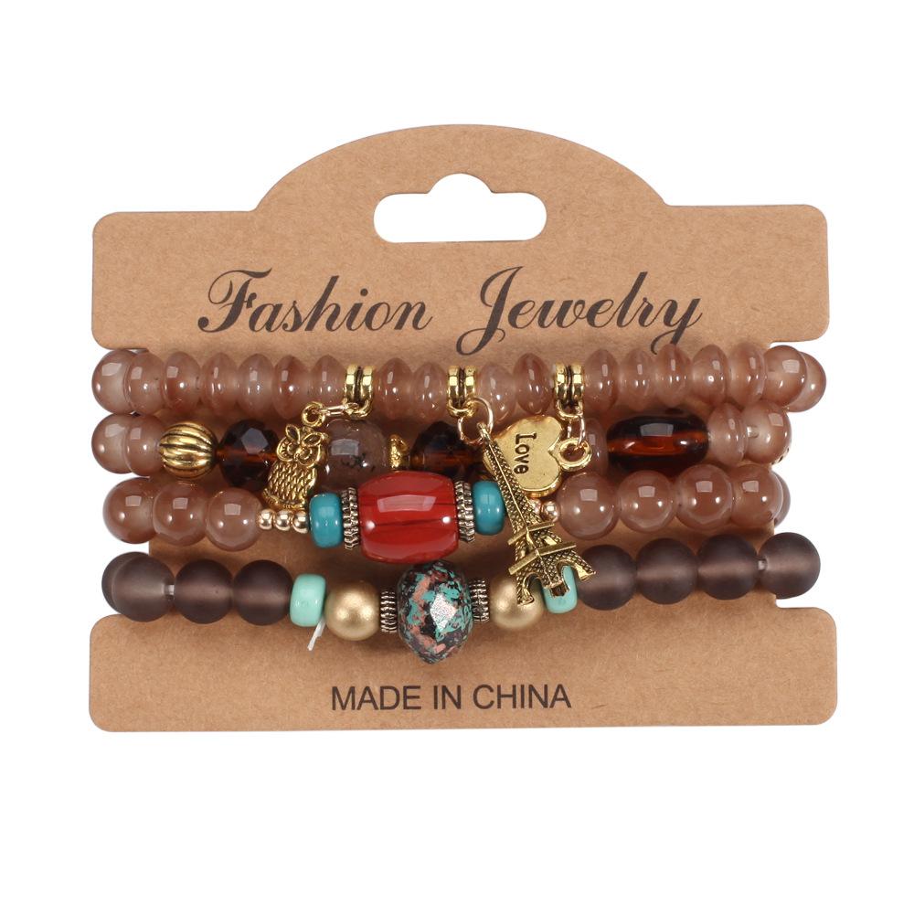 JYL TS Bracelet Bohemian  Owl Eiffel Tower Enhances Wisdom & Adventure Luck coffee color платиновый