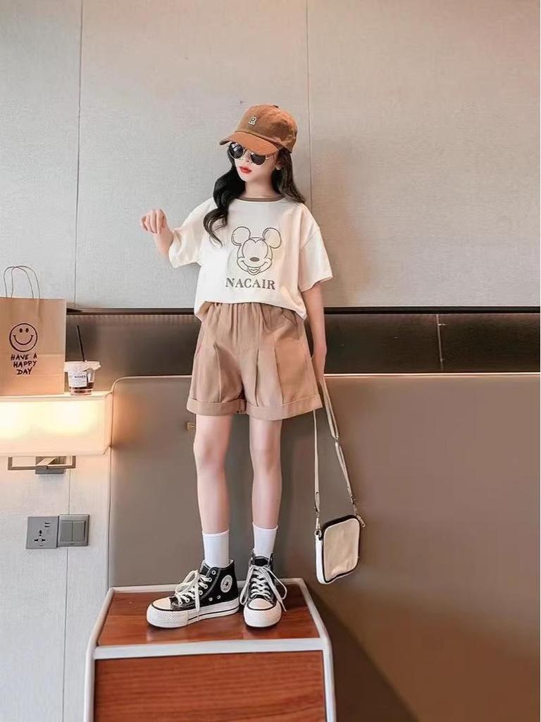 Korean Style Cartoon Print Sporty Shorts & T-shirt Set (Girls' Summer 2026)