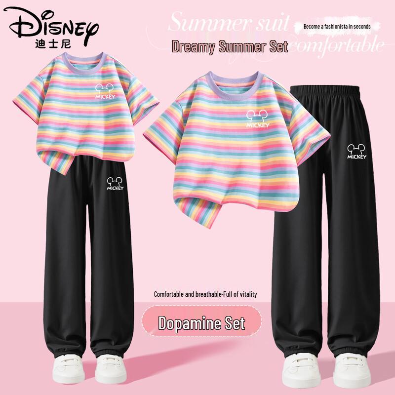 Disney Girls' Summer Striped Short-Sleeve Anti-Mosquito Pants Set