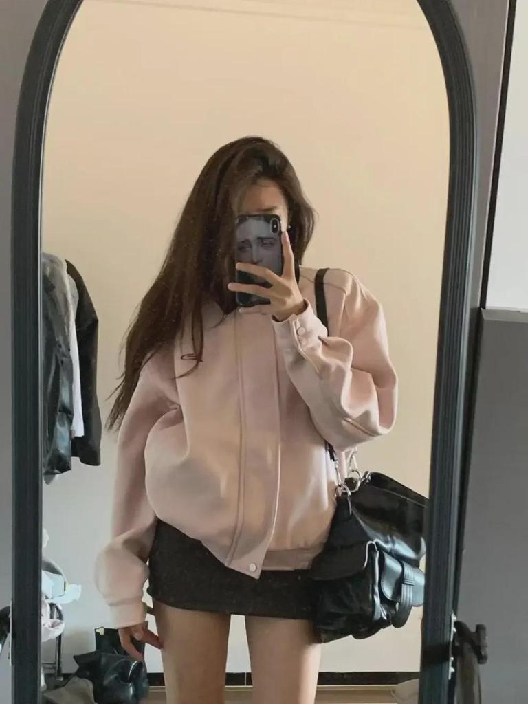 Hong Kong Style Pink Lapel Workwear Jacket for Women - Retro Spring/Autumn Design