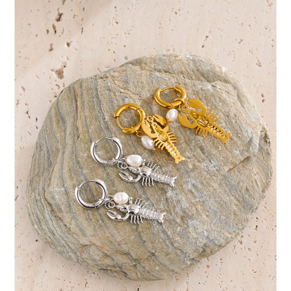 Yhpup Ocean Series Stainless Steel Crayfish Drop Hoop Earrings High Quality Natural Pearls Beach Daily Wear Jewelry for Women
