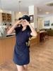 Women's Embroidered Polo Collar Short-Sleeved T-Shirt Dress - Waist-Cinching Slim Summer Long Skirt, Academy Style.
