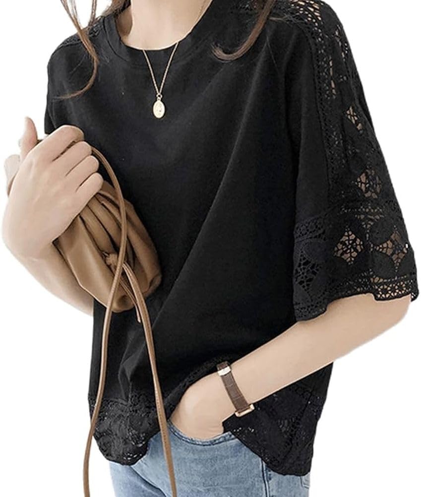 

YAYUPLUS Рубашка Ажурная Вышитая Цветочная Короткая Свободная Полная Объемная Женственная Свободная Женская Блузка, Топ, Вязаный, С Принтом, Кружево, Рукав, Посадка, Кружево, чёрный
