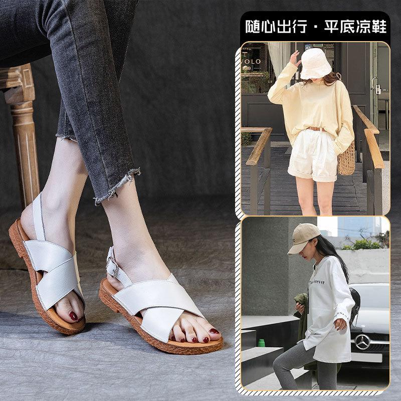 2025 new summer cowhide cross flat heel soft sole daily casual breathable one-word buckle with lightweight Roman sandals women