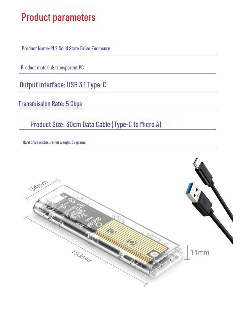 Transparent USB 3.1 M.2 NGFF SSD Enclosure