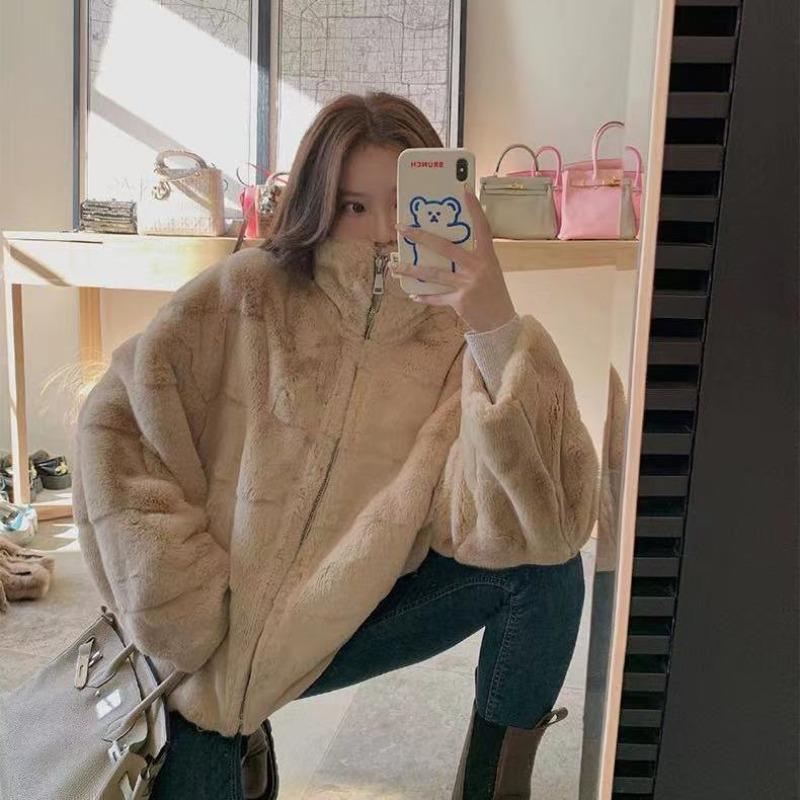 Dänischer Nerzimitatpelzmantel Damen neu Winterimitat Nerzsamt leicht dünn Stehkragen Pelzoberteil