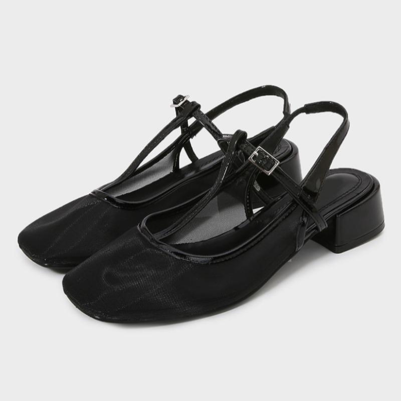 Black Mesh Women Mary Jane Shoes Comfortable Round Toe Fashion Buckle Strap Low Heel Shallow Large Size Daily Light Ladies Pumps