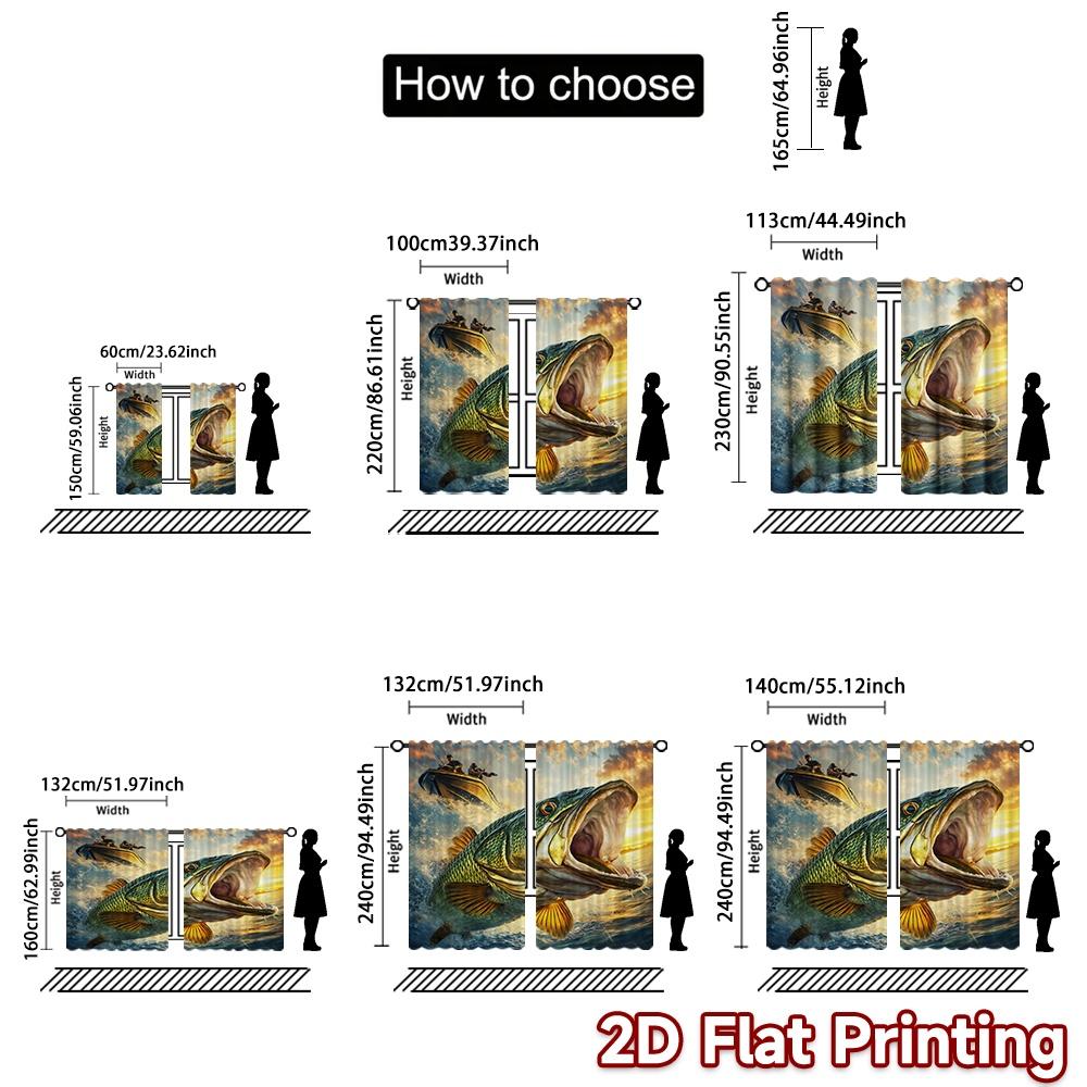 2D FLAT PRINTING 2pcs Curtains (Without Rod) Giant Fish Jumping Light Filtering Popular Curtains Yarn Curtains Room Decor