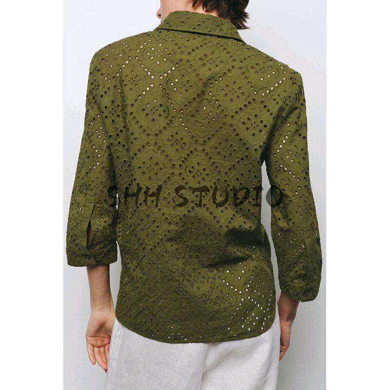 Spring New Women's Clothing Casual Single Row Multi-Buckle Cut Out Embroider Long Sleeves Lapel Shirt 4786075