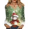 Women's Fashionable Casual V-neck Blouse Button Christmas Printed Long-sleeved Pullover T-shirt Top