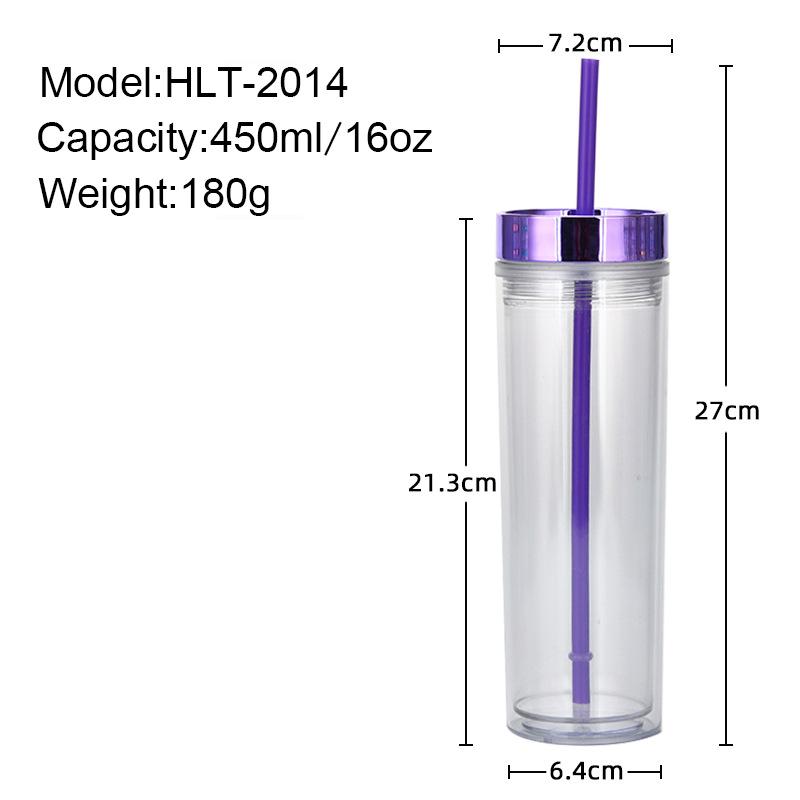 16Oz Double-Layer Plastic Straw Cup, Simple Skinny Straight Cup, Fixed Rose Gold Electroplated Lid Water Cup