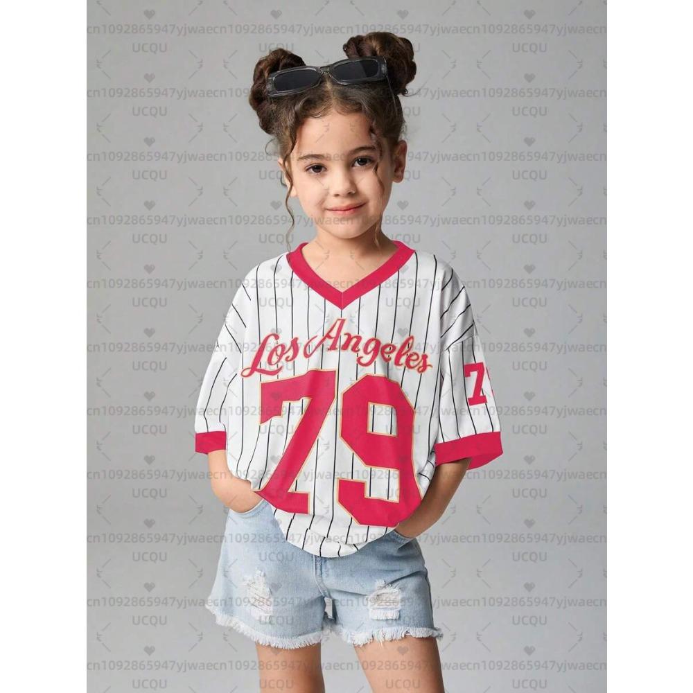 Girls Casual Sports Style Los Angeles NO.79 Pattern Color Block Print Short Sleeve V-Neck Children T-shirt Tops