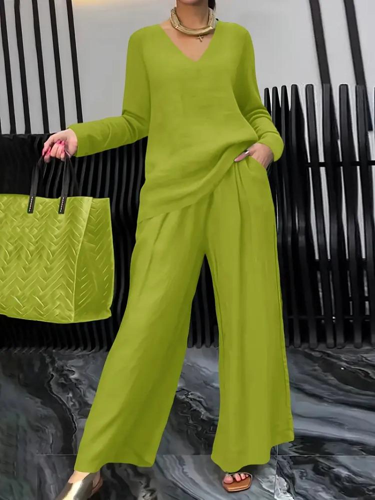 Damen Royalblau V-Ausschnitt Langarm Top und Weite Hosen Set