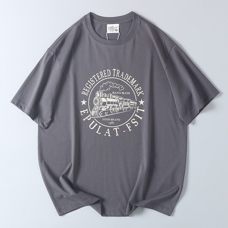 Vintage Locomotive Print Short-Sleeve T-Shirt for Summer, Men's Export Surplus Casual Round-Neck Base Shirt