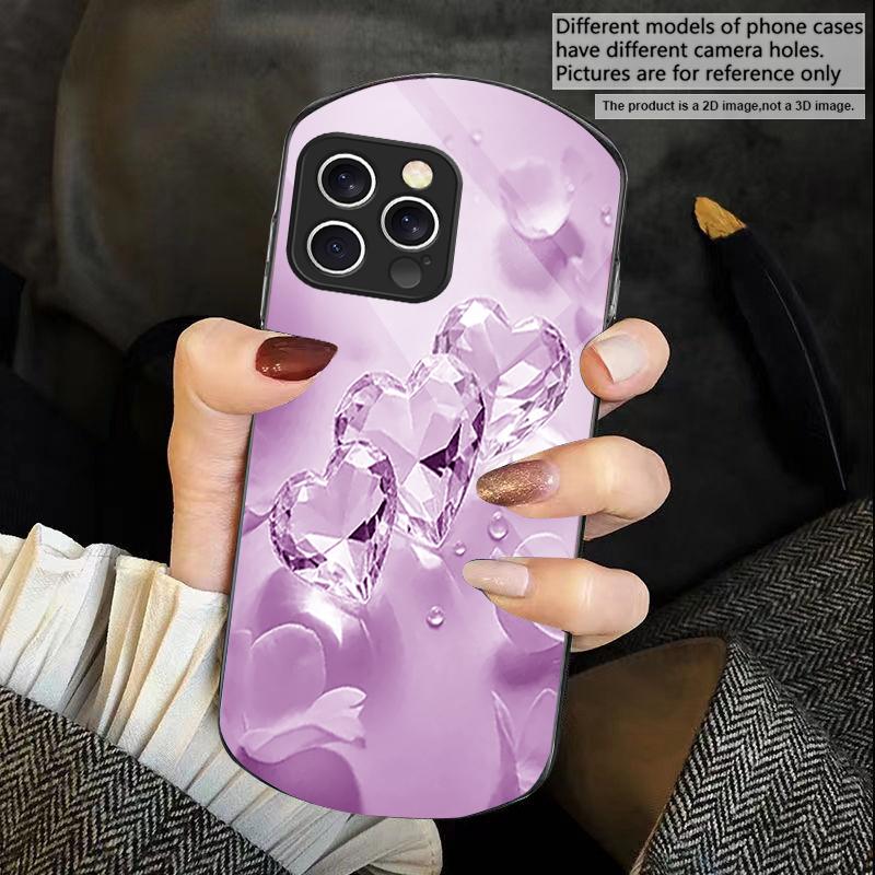 Flower Heart Shaped Pink For iPhone 16 15 14 Pro 13 Plus 12 Mini 11 13Pro Max XR X S 7 8 6 Elliptical Tempered Glass Phone Case