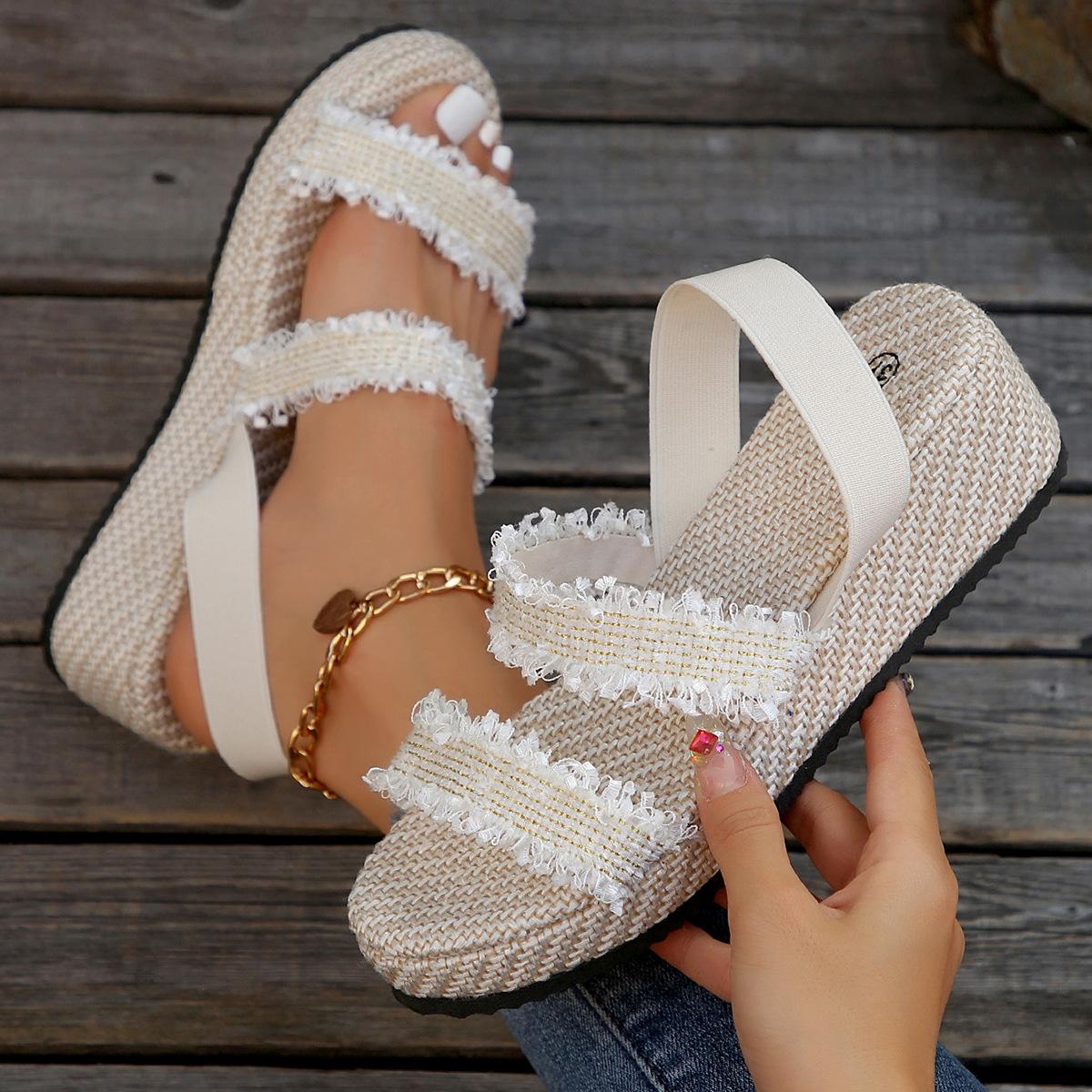 

Xiaoxiangfeng sandals wear ethnic style comfortable one-word cloth belt sandals 2025 foreign trade imitation hemp rope thick-soled women s sandals 43 бежевий