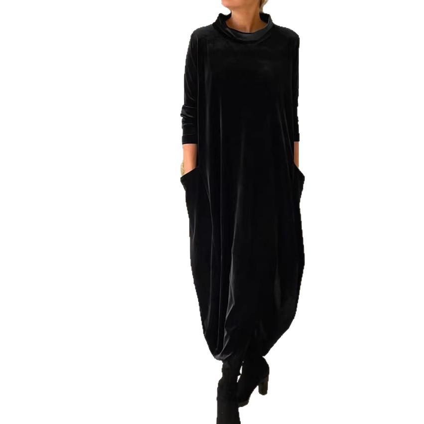 Spring 2026 European & American Slimming Gold Velvet Round Neck Dress