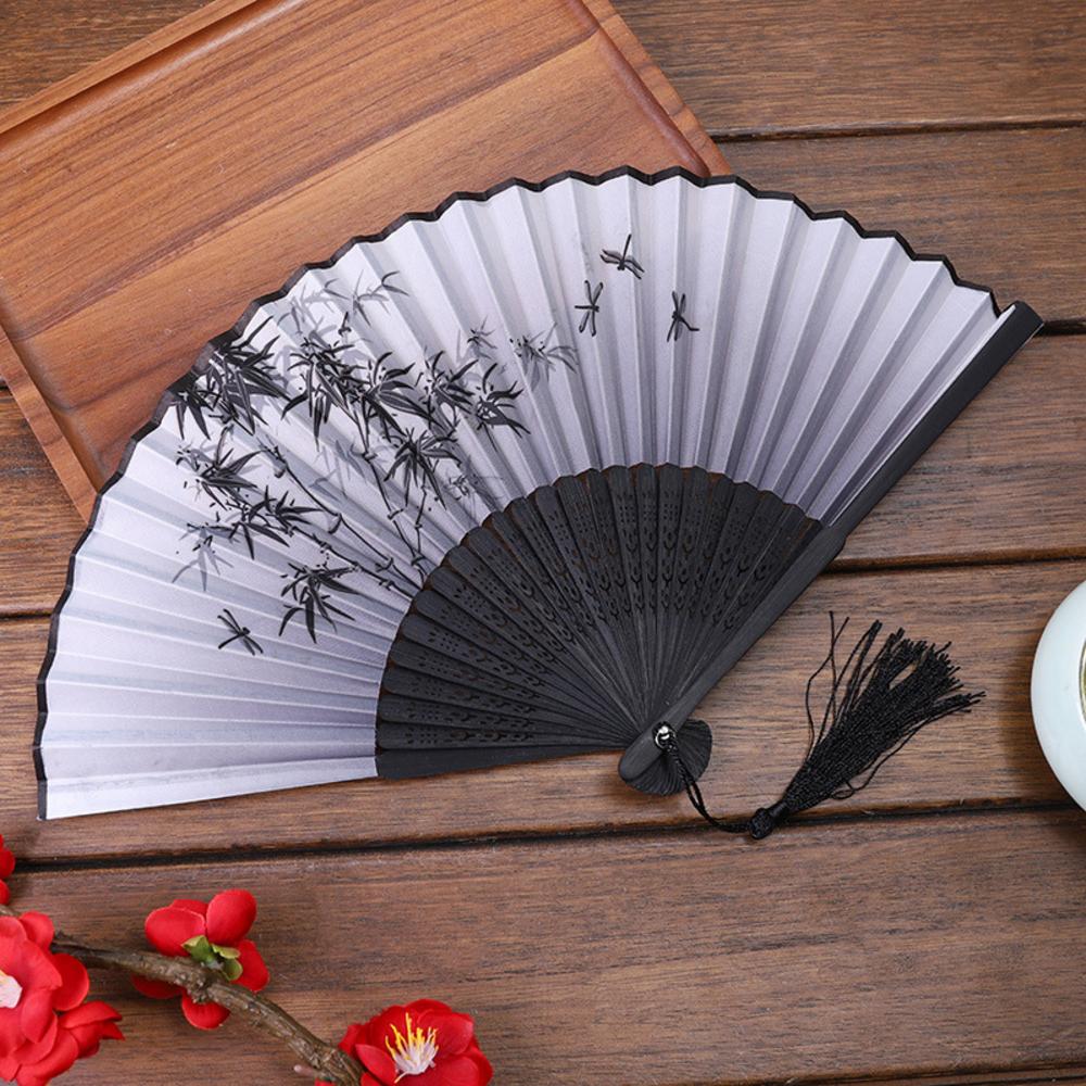 Chinese Japanese Folding Fan Wooden Shank Classical Dance Fan Tassel Elegent Female Fan Party Art Craft Gift Home Decoration