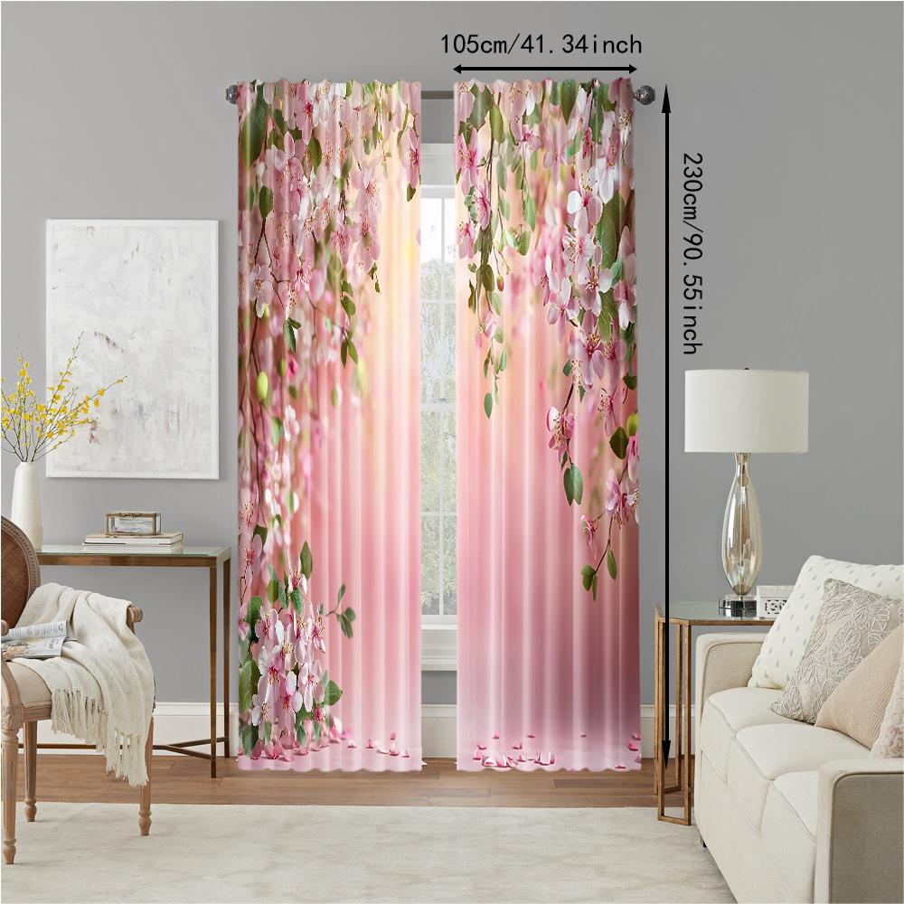 2 Pcs, Versatile Polyester Transparent Curtains for Home Decoration Spring Pink Floral for Use In Bedrooms and Living Rooms