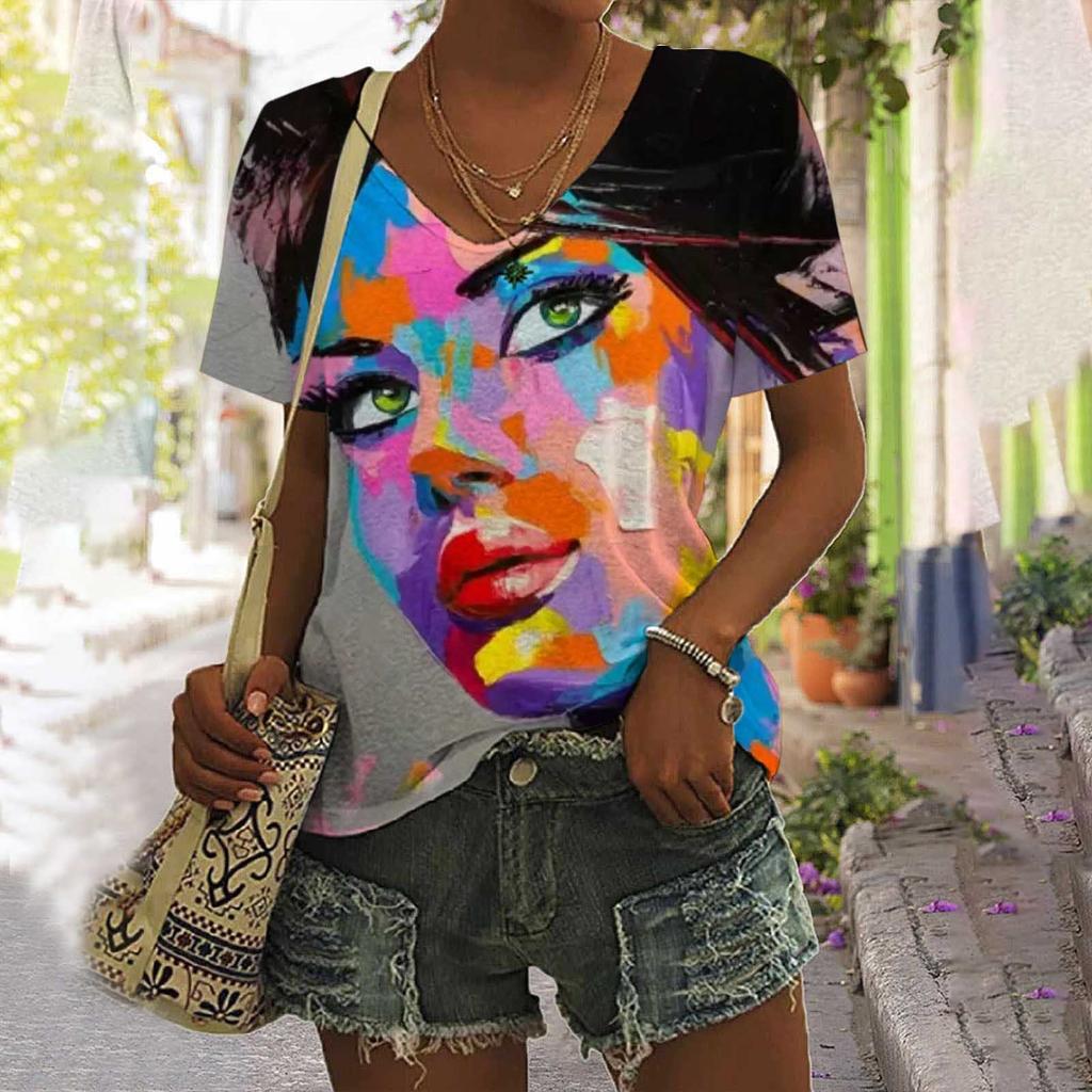3D Painting Face Women's T-shirt Basic Harajuku Tops Summer Casual Short Sleeve V-Neck Loose Streetwear Female Fashion Pullover