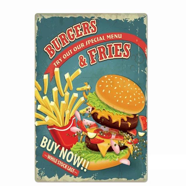 Delicious Hamburger Food Signs Metal Plaques Barbecue Kitchen Restaurant Shop Tin Sign Decorative Posters Retro Iron Painting