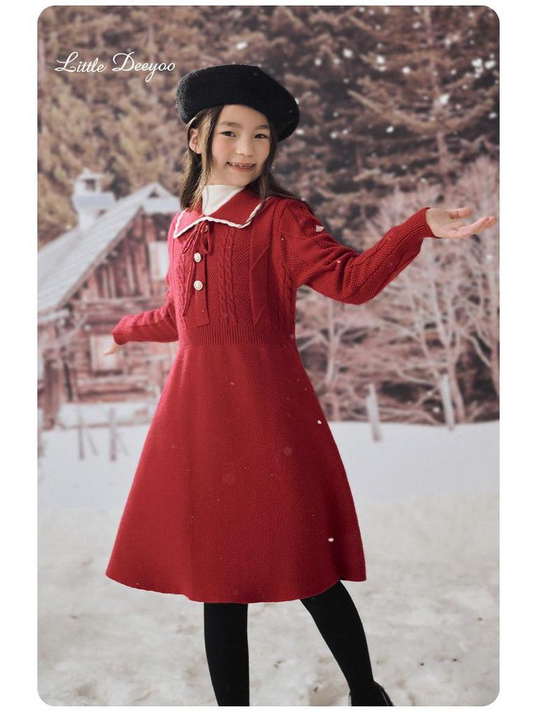 Sangluo Girls' Knit Woolen Dress - 2025 Autumn/Winter Red New Year Outfit