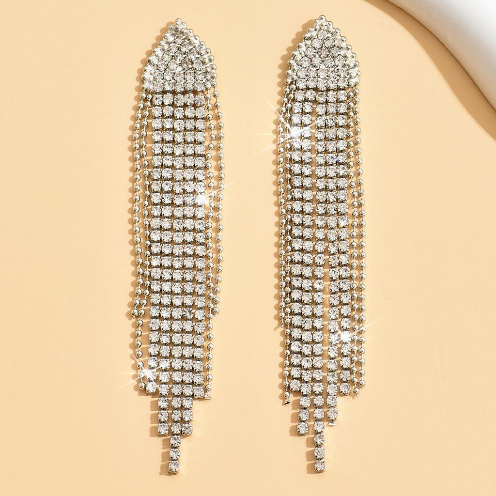 New Product Full Diamond Geometric Triangular Earrings, Long Exaggerated Fringed Earrings, Trendy Personalized Earrings, Women'S Exquisite