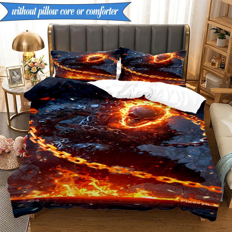 3PCS Ghost-Rider On Fire Bedding Set,Including 1pc Duvet Cover And 2pcs Pillowcases Perfect for Bedroom, Dormitory, Fan Christmas gift
