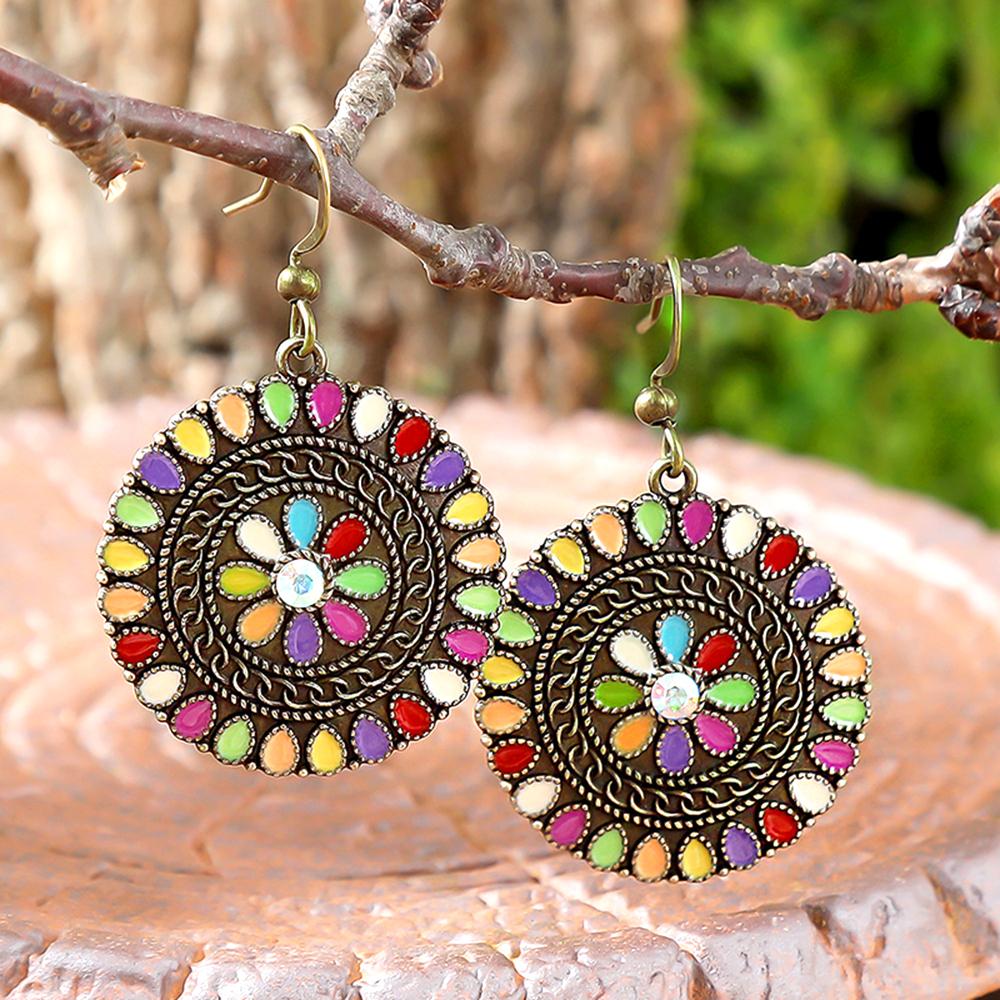 Vintage Bohemian Round Drop Earrings for Women Ethnic Simple Drop Oil Flower Shaped Temperament Earrings Female Jewelry