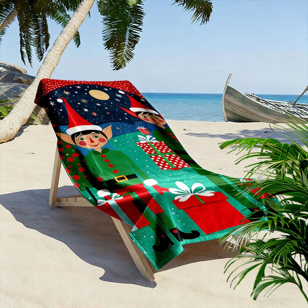 Festive Elves Spreading Joy Print Beach Towel, Quick Drying, Suitable for Travel, Outdoor Sports, Jogging, the Beach and Swimming, Gift
