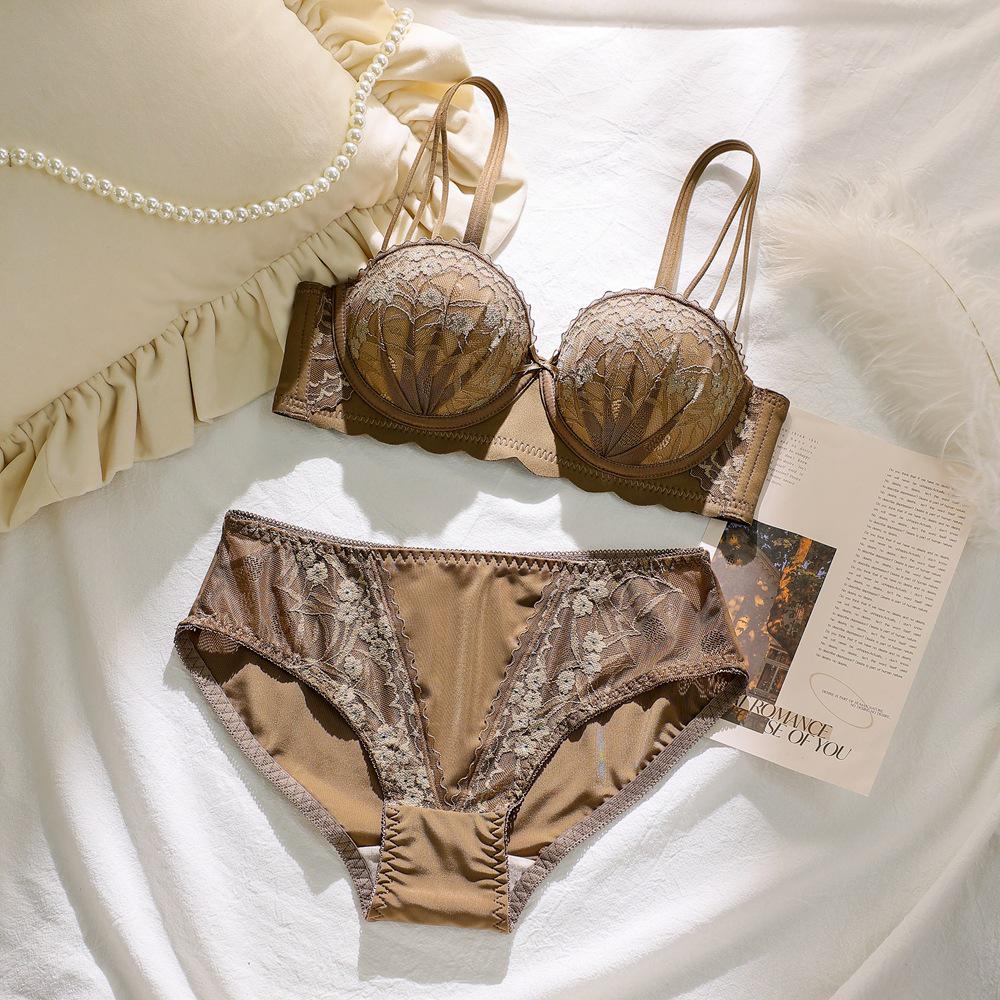 Sujetador de Lencería Push Up de Encaje Media Copa para Pecho Pequeño y Plano, Sin Aros, Anticaída, Relleno Extra Grueso.