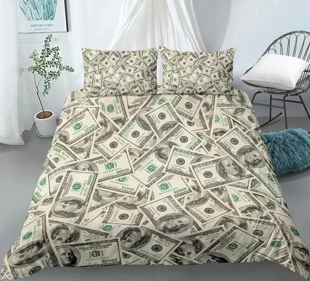 3D Modern Money Bedding Set Dollar Motif Printed Duvet Cover Vivid Comforter Cover 3 Pieces Money Pattern Funny Soft Bed Set