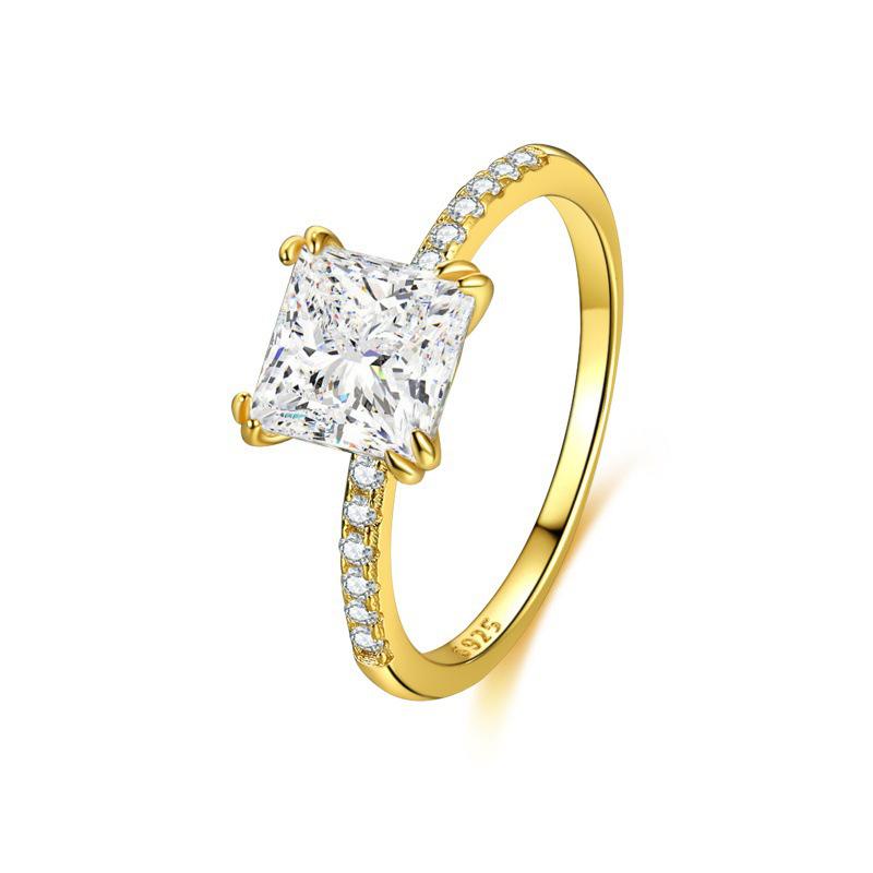 18K White Gold Plated S925 Sterling Silver Ring with Square Zirconia - Simple European & American Fashion Engagement Ring