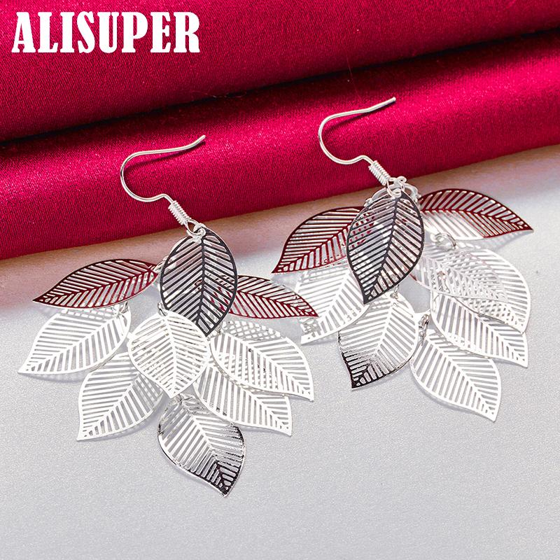 925 Sterling Silver Woman Layered Hollow Leaves Tassel Long Drop Earrings Fashion Jewelry
