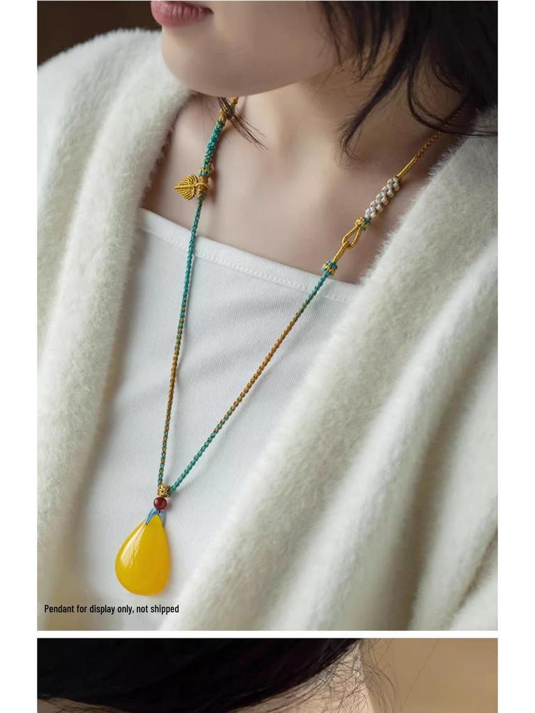 Handmade Amber-Turquoise Gold Jade Pendant Necklace with Safety Buckle