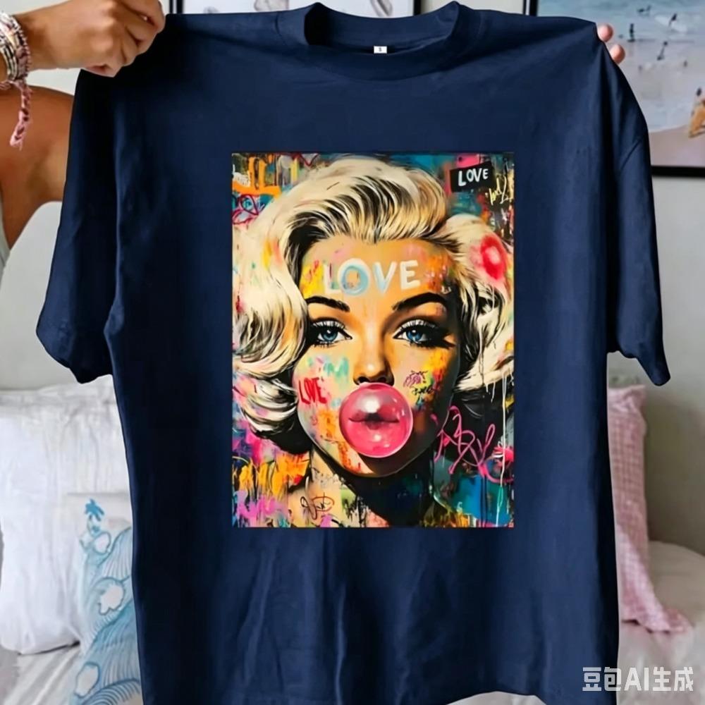 Colorful Graffiti Bubble Gum Lady Print Black Tshirt Pop Art Portrait Graphic Loose Oversized Short Sleeve Y2k Tees